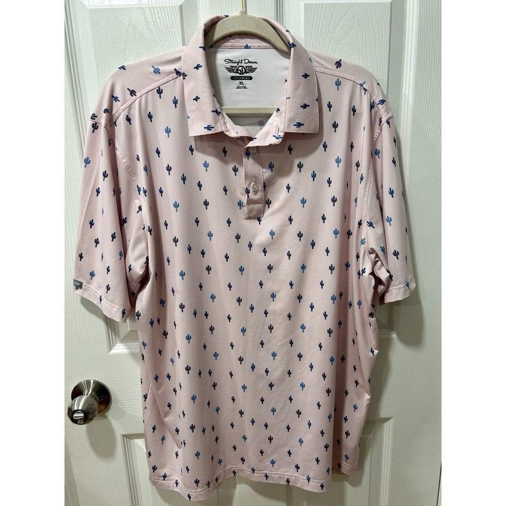 Straight Down Performance Mens Polo Shirt Cactus Print Short Sleeve Golf Size XL